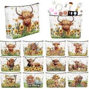 12 Pcs Highland Cow Makeup Bags Sunflower Cow Cosmetic Bags